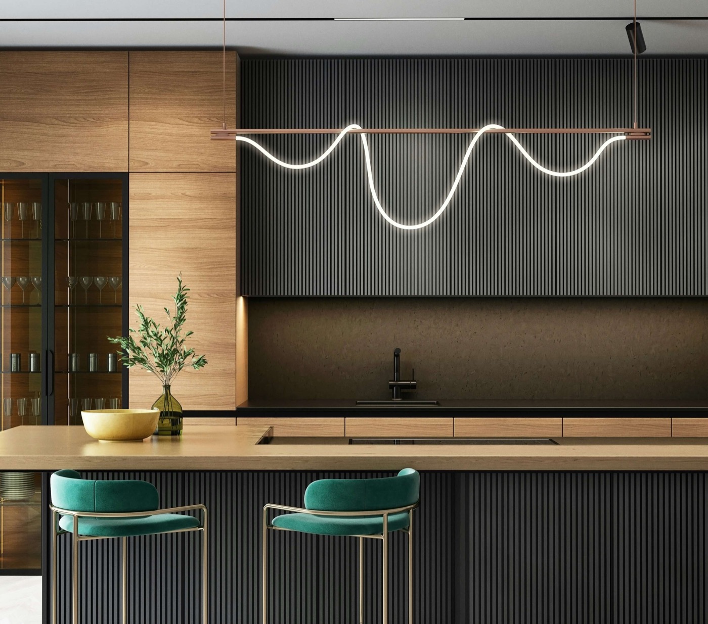 luxury dark kitchen design with fluted cabinets and marble island – kitchen design Fort Lauderdale FL